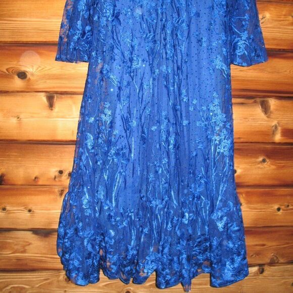 MAC DUGGAL 2051 Blue V-Neck Mesh Puff Sleeve A Line Embellished Tea Length Dress - Picture 12 of 13